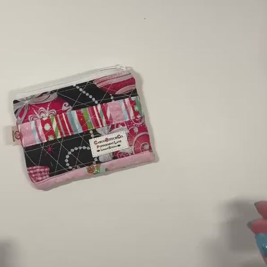 Peppermint Lane Mini Quilted Zipper Pouch, Christmas Coin Purse, Patchwork Stocking Stuffer, Small Holiday Gift
