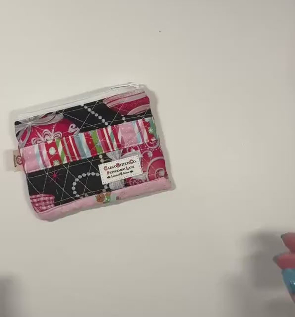 Peppermint Lane Mini Quilted Zipper Pouch, Christmas Coin Purse, Patchwork Stocking Stuffer, Small Holiday Gift