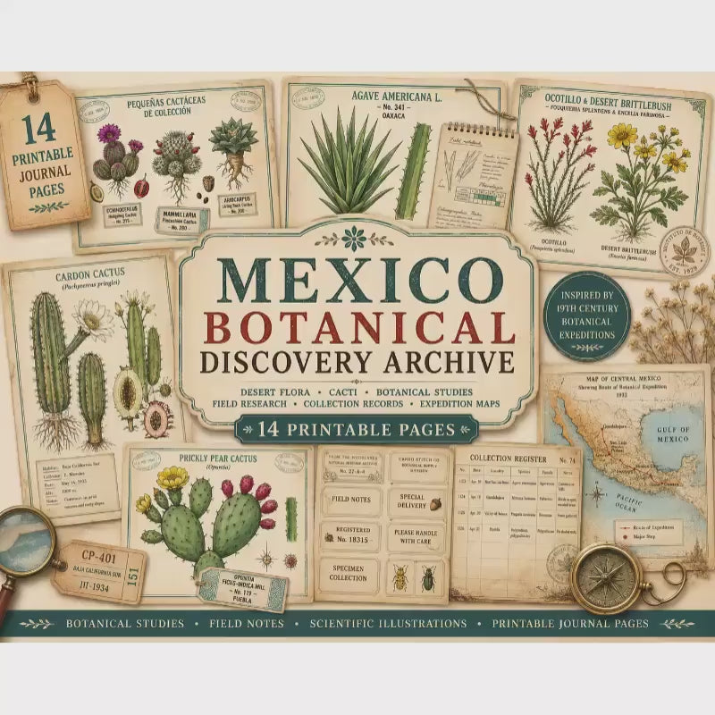 Mexico Botanical Discovery Archive | Vintage Botanical Journal Pages | Botanical Research Printable | Cactus, Wildflower & Herbarium
