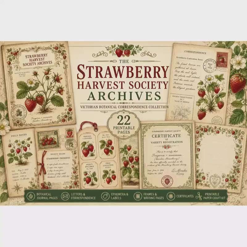 Vintage Strawberry Botanical Journal Pages | Printable Junk Journal Kit | Victorian Strawberry Ephemera | Botanical Stationery | Digital PDF